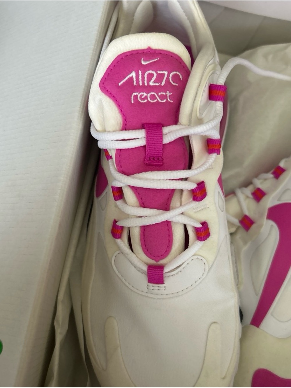 Nike Women’s White and Hot Pink Air270 React Sneakers